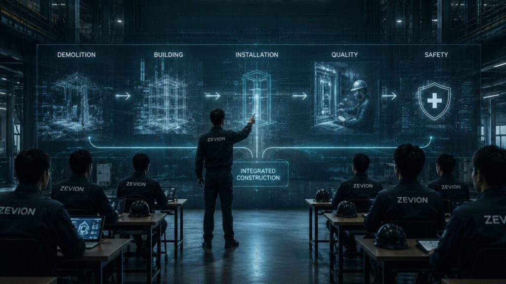 付帯建築工事と据付工程のつながりを学ぶZEVION TRAINING LABのイメージCG