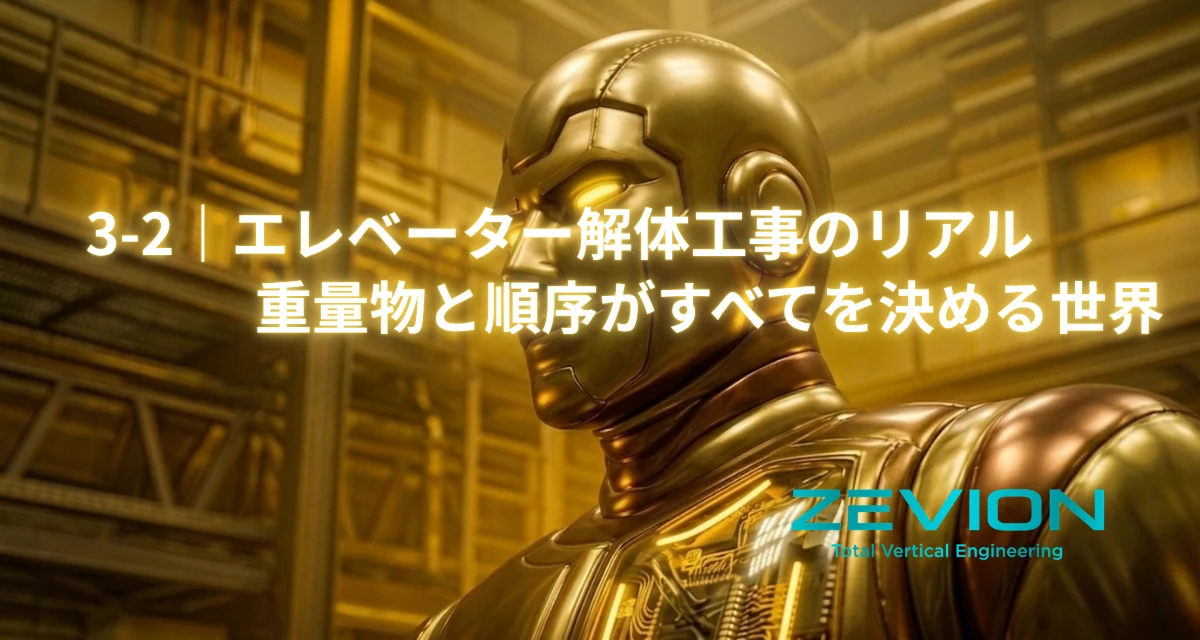 エレベーター解体工事と搬出計画を紹介するイメージ